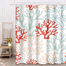 TOMPOP Shower Curtain Pattern Red Pink and Mint Corals Tropical Reef Nautical Waterproof Polyester Fabric 72 x 72 Inches Set with Hooks
