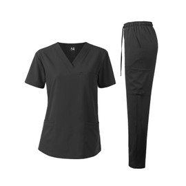Dagacci Medical Uniform Unisex 4-Way Stretch Scrubs Set Medical Scrubs Top and Pants Black M