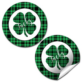 Lucky Buffalo Plaid Four Leaf Clover St. Patrick’s Day Thank You Sticker Labels for Kids, 40 2" Party Circle Stickers by AmandaCreation, Great for Party Favors, Envelope Seals & Goodie Bags