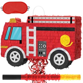 WERNNSAI Fire Truck Pinata - Firetruck Birthday Decorations Pinata for Boys Kids Firefighter Truck Theme Birthday Party Game Decorations Bundle with Blindfold and Bat