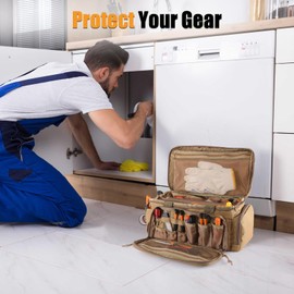 16-Inch Tool Bag with 16 Packets,Tools Bag for Men with Anti-friction Bottom,Tactical Range Bag,Electrician Tool Bag Organizer,Mechanics Tool Storage Bag for Repairman,Carpenters,Handyman,Khaki