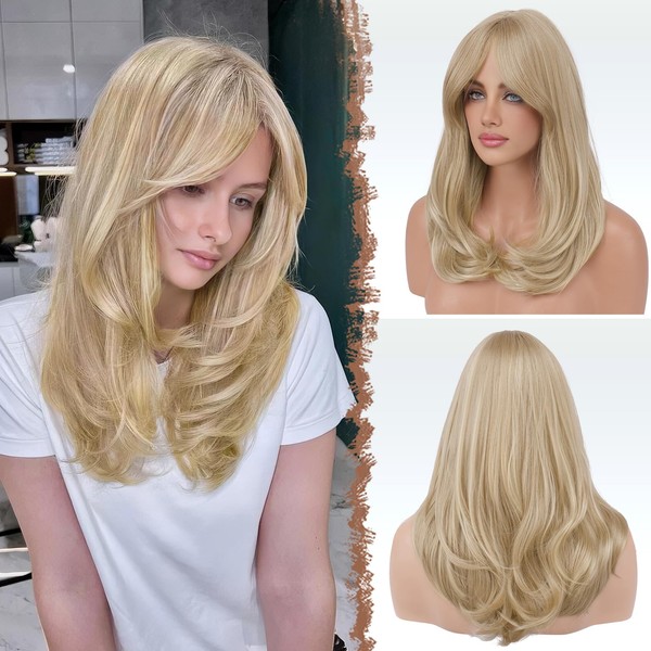 FESHFEN Dirty Blonde Wigs with Bangs, Synthetic Natural Looking Long