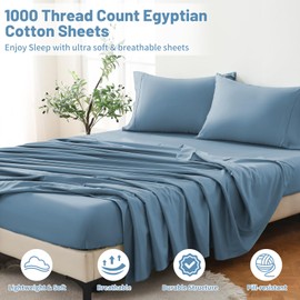 MEISHANG 1000 Thread Count Egyptian Cotton Sheets Queen - 100% Egyptian Cotton Sheet Set, Sateen Weave, Soft & Breathable, 16" Deep Pockets - 4 Piece (Queen, Blue)