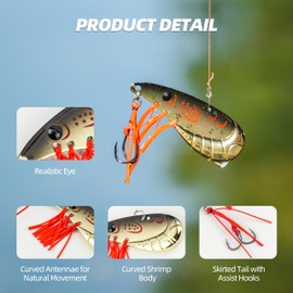 Probite Shrimp Blade Bait – 3pcs Metal Vibe Jigging Lures with Skirted Tail and Assist Hooks, Lifelike Shrimp Design for Saltwater and Freshwater Fishing, 1oz
