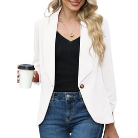 PrinStory Blazer for Women 3/4 Ruffled Sleeve Blazer Business Office Blazer Suit Sporty Jack Trench Coat, White