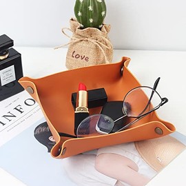 Leather Jewelry Valet Tray,Foldable Desktop Nightstand Organizer, Entryway Table Tray Bedside Desk Tray Small Catchall Travel Dish Plate for Key,Wallet,Watch,Coin,Jewelry (Yellow)