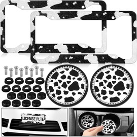 DaisyInner 4 Pcs Sparkly Cow Print Car Accessories with 2 Pcs Rhinestone License Plate Frames and 2 Pcs Bling Anti Slip Car Cup Holders for Women Glitter Tag Frame Rust Proof Auto Decoration