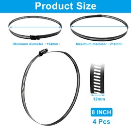 Litoexpe 8 Inch Stainless Steel Worm Gear Hose Clamp 2 Pcs, Adjustable 194-216mm Size Range, Fuel Line Clamp for Plumbing Automotive and Mechanical Application (Black)