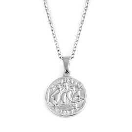 Baronyka Handmade Coin Pendant Necklace For Men, Silver Plated, Nautical Ship Boat Round Circle, 24" Chain with 2" Extension & Lobster Clasp