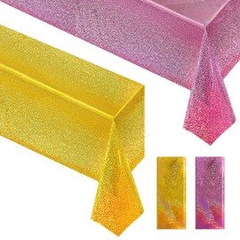 Just Shimmer Sparkling Pink & Gold Holographic Laser Tablecloth - Shimmering, Waterproof, Easy to Clean - Ideal for Bachelorette, Birthday, Wedding, and Anniversary Party Decorations