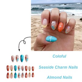 ONPRESS 24Pcs Summer Press on Nails Mdeium Almond Fale Nails with White Flower Sun Design Yellow French Tip False Nails Orange Blue Curve Line Waves Glue on Nails for Women Decor