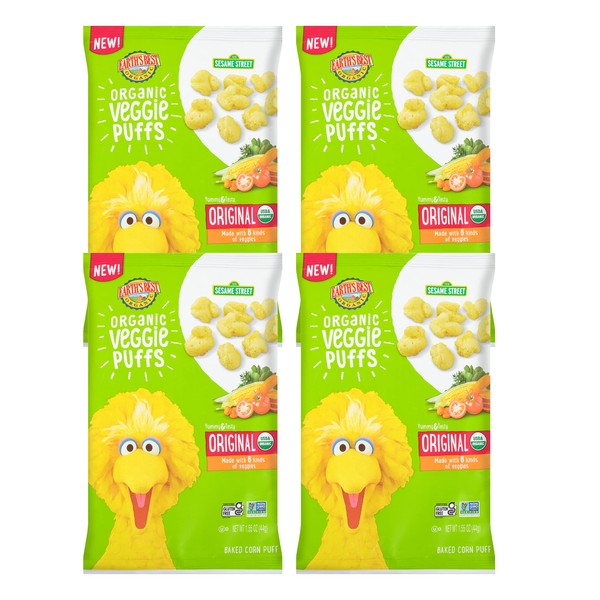 Earth's Best Organic Kids Snacks, Sesame Street Toddler Snacks, Organic Veggie Puffs, Gluten Free Snacks for Kids 2 Years and Older, Original, 1.55 oz Bag (Pack of 4)