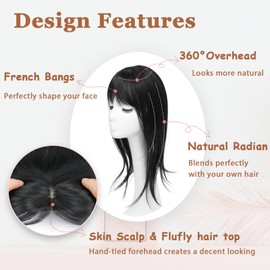 Hair Topper with Bangs Hair Clip, 360° 3D Cover Hair Toppers for Women, Fluffy Toppers Hair Pieces for Women with Thinning Hair，Clip in Bangs with Topper (Black, 18 Inch)