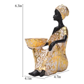 BRABUD Sitting African Girl Tribal Lady Statue with Small Tray Resin Tray for Candy Jewelry Ring Keys, Home Dressing Table Bedside Table Desk Decoration Storage (Gold)