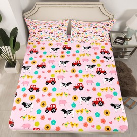 Feelyou Farm Truck Red Tractor Twin Size Bedding Sheet Set for Boys Girls,Cute Farm Animals Pig Cow Sheep Goat Hen Rooster and Sunflower Floral Decorative Bed Sheets,Farmhouse Pink Decor