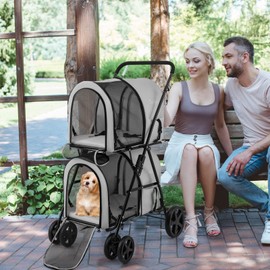 PETSITE Double Dog Stroller, Foldable Pet Stroller for 2 Dogs & Cats Small Medium Sized with Detachable Carrier on Wheels, Jogger Stroller Crate for Car Seat Walking Camping Travel (Grey)