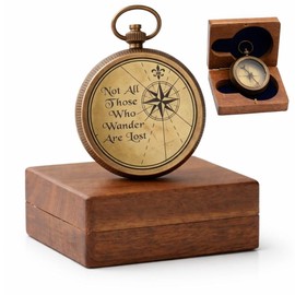 Brass Gift Compass with Hardwood Box – “Not All Those Who Wander are Lost” Quote Engraved – Inspirational Vintage Compass Gift for Traveler, Explorer, or Graduation Occasion