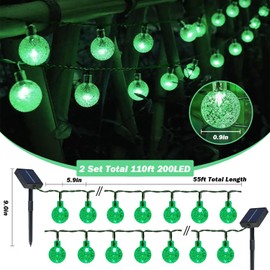 USOKYO Solar Lights Outdoor Waterproof, 2 Pack Total 200LED 110FT Solar String Lights for Outside with 8 Modes, Outdoor String Lights Crystal Globe Patio Lights for Garden Yard Party Decor(Green)