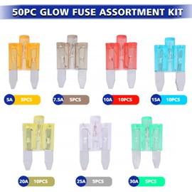 BUSY-CORNER Mini Blade Fuse Kit, 50PCS Assorted, Glow When Blown, Black, Plastic Zinc, 5A-30A, Car, SUV, RV, Motorcycle, Boat, Truck
