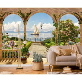 Jdayda Garden Wallpaper Seascape Sailboat Wall Mural for Bedroom Living Room (Not Self-Adhesive)