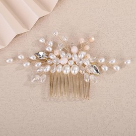 Teyglen Gold Rhinestone Wedding Pearl Hair Comb Bridal Crystal Headpiece Pearl and Crystal Beads Wedding Hair Piece Decorative Hair Accessory for Women (Gold)