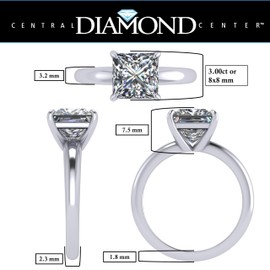 Central Diamond Center VOGUE 4 Prong Princess Cut 925 Silver Solitaire Engagement Ring - 3.00ct Platinum Plated - Size 6