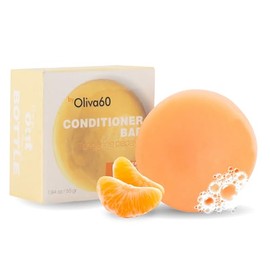 Acondicionador en barra de oliva. Oliva60. Extra hidratante. Desenreda y repara. Con aceite de argán orgánico, macadamia, manteca de karité. Provitamina B5. Libre de sulfatos, parabenos, siliconas. 55gr. (Mandarina papaya)