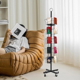 20 Pocket Greeting Card Display Stand, 6"x 8 6-Tier Rotating Greeting Card Rack Display Stand, Spinning Pocket Rotating Holder, Metal Post Card Holder w/Wheels, for Shop Exhibitions Office (Black)