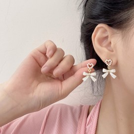 Cimenexe Bohemian Enamel Bow Dangle Earrings Gold Pearl Heart Stud Earrings Resin Bow Tie Earrings Heart Bow Drop Earrings Jewelry for Women and Girls Gifts