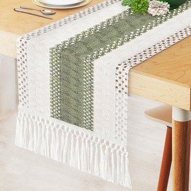 Boho Table Runner, Nature Burlap Table Runners 72 Inches Long, Green & Beige Table Runner with Tassels Farmhouse Rustic Macrame Style for Bohemian Wedding Bridal Shower Dining Table Decor (12x72in)