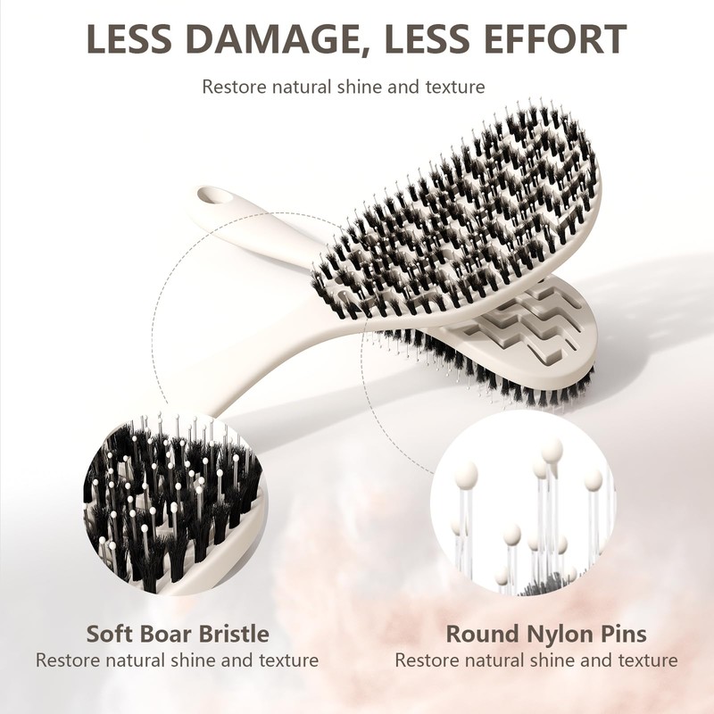 Boar Bristle Hair Brush, Curved Vented Brush for Wet Dry