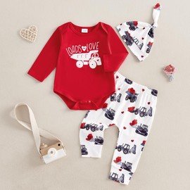 Newborn Baby Boy Valentines Day Outfit Letter Print Long Sleeve Romper Cart Love Heart Pants Hat Set 3Pcs Clothes (Red, 0-3 Months)