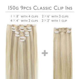 Wennalife WENNALIFE Hair Extensions Clip In, 9pcs 14inch 150g Ash Blonde Highlighted Platinum Blonde Thicker Clip In Hair Extensions Real Human Hair Remy hair extension Double Weft Clip in Human Hair Extensions