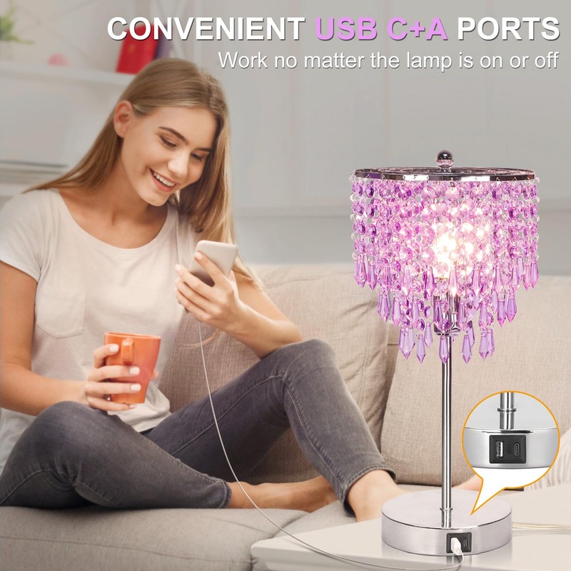 USB Bedside Crystal Lamp, 3 Way Dimmable Touch Nightstand Lamp