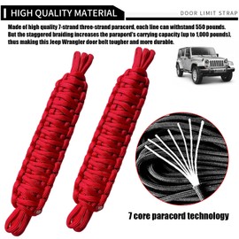 UGSHY 2 PCS Car Door Limit Straps, Heavy-Duty Paracord Hand-Woven Straps Locator, Tensile Resistant Door Swing Limiter, Compatible with Jeep Wrangler CJ YJ TJ JK JKU JL Interior Accessories (Red)