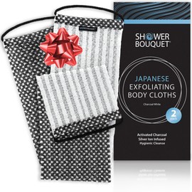 Japanese Exfoliating Washcloth for Back & Body 2-Pack - Charcoal & Silver Ion Exfoliating Towel with Handles - Two-Sided Gentle Exfoliation & Deep Cleanse Body Wash Cloths for Shower - 2 White