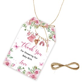 50pcs Girl Clothes Thank You Tags, Pink Flower Laundry Gift Tag with String for 1st Birthday, Pink Baby Clothes Thank You Paper Tags for Gender Reveal Party Favors