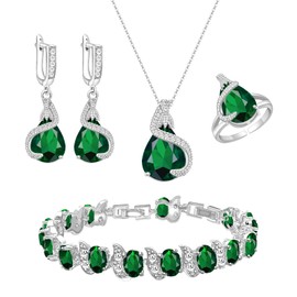 GZWHD Jewelry Set for Women Created Green Emerald Necklace Earrings Open Ring Bracelet White Gold Plated Jewelry Birthday Anniversary Engagement Wedding Gift for Lover Wife Friends Mother Girlfriend Bride