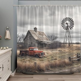 Vintage Farm Truck Shower Curtain Rustic Wooden Barn American Old Antique Car Farmhouse Windmill Western Country Natural Scenery Polyester Bathroom Decor Curtains Set with Hooks 70Wx70H Inch