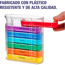 Pastillero Semanal En Español 7 Días 4 Tomas por Día Mañana Mediodía Tarde Noche Colores Vivos Portátil Plástico Resistente