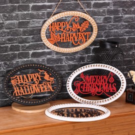 BAYSBAI Happy Harvest Sign Farmhouse Autumn Wall Decor Orange Metal Thanksgiving Wall Decorations for Home Hanging Fall Decor with Wooden Beaded Frame Rustic Holiday Front Door Sign