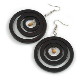 50mm D/Black Wood Triple Hoop Earrings - 75mm Drop