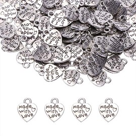 Shapenty Heart Shaped “Made with Love” Lettering Charms Mini Peach Double Sided Pendants Charms Bulk for DIY Craft Keychain Earrings Bracelets Necklace Jewelry Making Findings,150PCS (Silver)