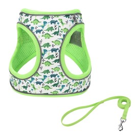 JUFOO S Green Dinosaur Pattern Dog Harness and Leash Set,No Escape Easy Walk Puppy Harnesses for Training Walking，Breathable Adjustable Puppy Vest for Small Medium Dogs, Cats (Green, S)