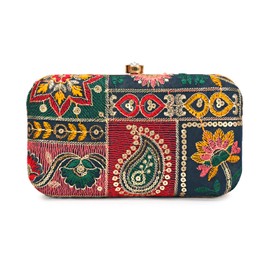 LONGING TO BUY Hand Crafted Designer Box Clutch, Zari Embroidery Clutch/Hand Clutch (Sea-Green)
