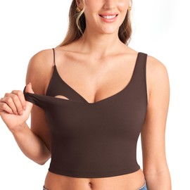 MOMANDA Women's Nursing Bras Longline Sports Breastfeeding V Neck Sleeveless Crop Tank Top with Built in Bra Hot Fudge Brown Large
