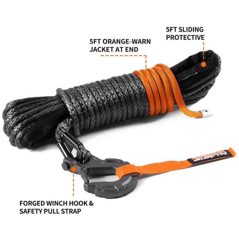 ALL-TOP Synthetic Winch Rope w/Hook & Isolator, 3/16in x 50ft,