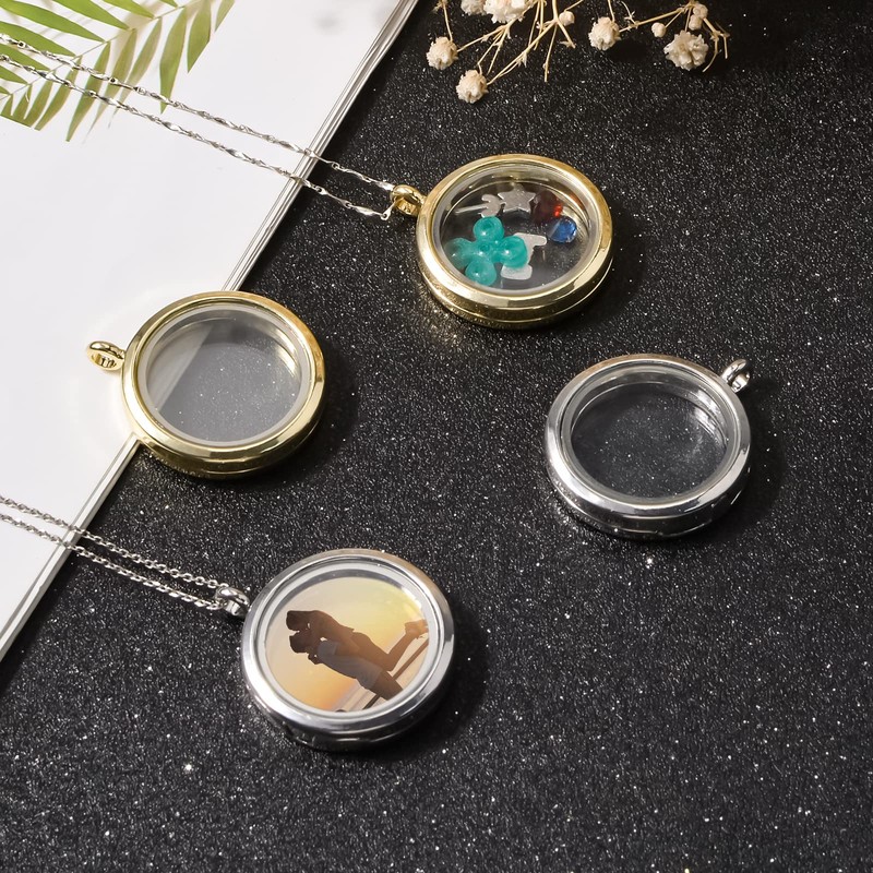 WANDIC Memory Locket Charms, 4 Pcs Round Electroplated Crystal Picture
