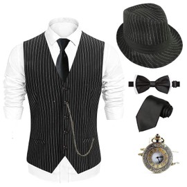 EFORLED 1920s Mens Costume Fedora Hat,Gatsby Gangster Vest,Vintage Pocket Watch,Pre Tied Bow Tie,Tie,TT-S