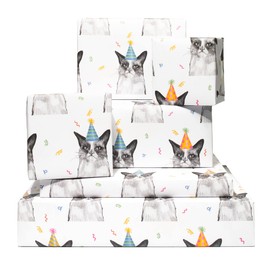 CENTRAL 23 Birthday Wrapping Paper - Cats in Party Hats - 6 Sheets of Wrapping Paper for Her - For Girls and Boys - Cat Gift Wrap for Pet Owner With Tags - Recyclable